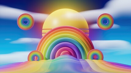 Rainbow Landscape with 3D Shapes and Sky