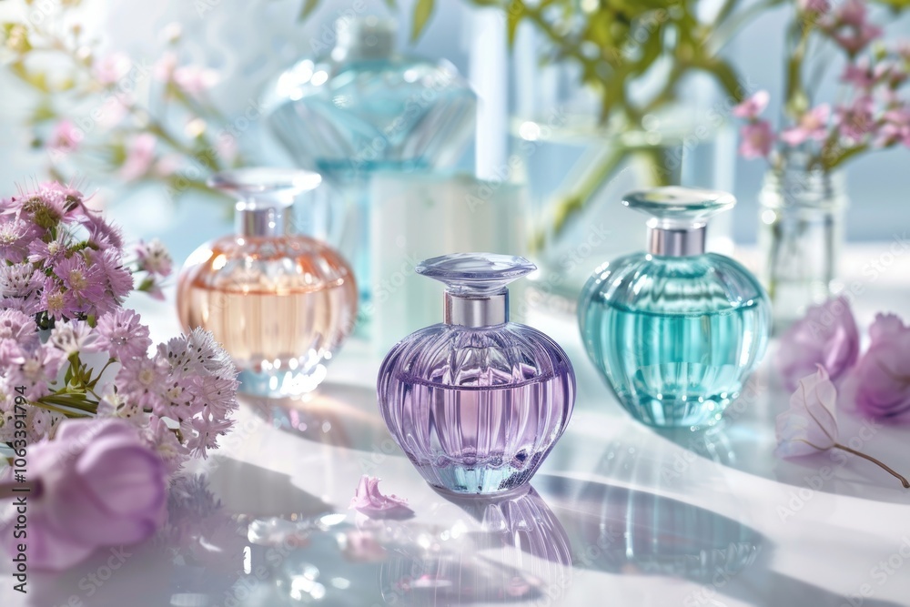 Aufkleber a collection of variously colored perfume bottles arranged on a table