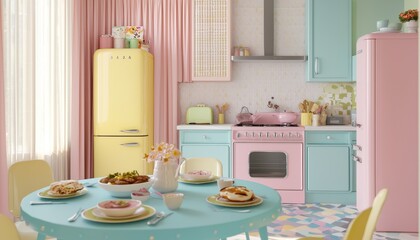Cheerful Retro Kitchen with Pastel Decor and Table Setting