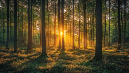 Obraz premium A picturesque scene of a green forest at sunset, where the golden hour enhances the vibrant greens and casts a soft glow over the woodland landscape