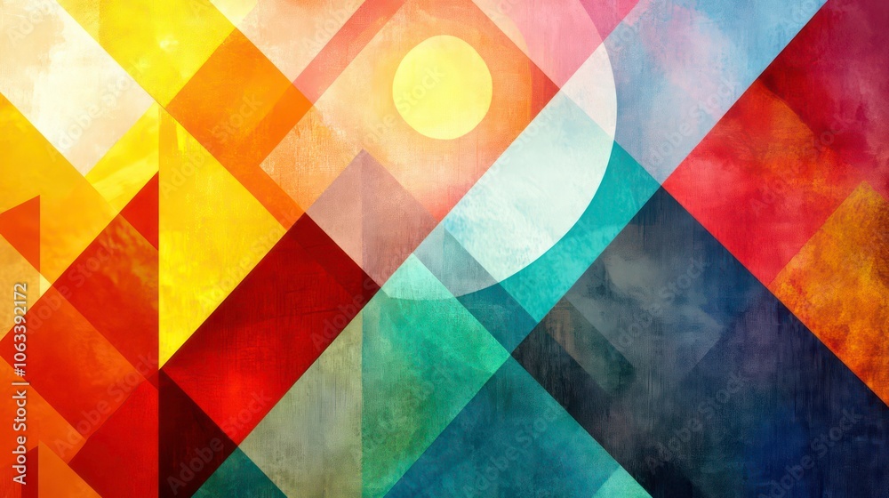Poster abstract geometric composition with vibrant colors and shapes evoking a sense of harmony.