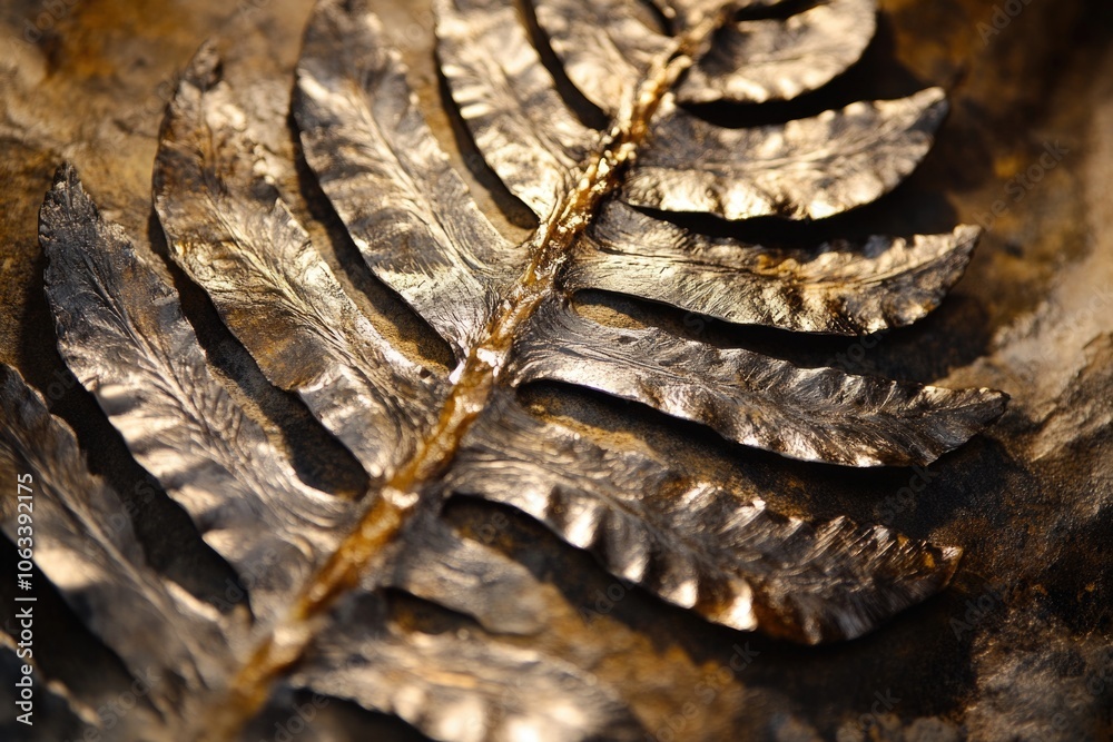 Poster close-up shot of a single leaf on a metallic surface, ideal for use in still life photography or pro