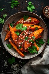A warm bowl of cooked sweet potatoes topped with sesame seeds and fresh parsley