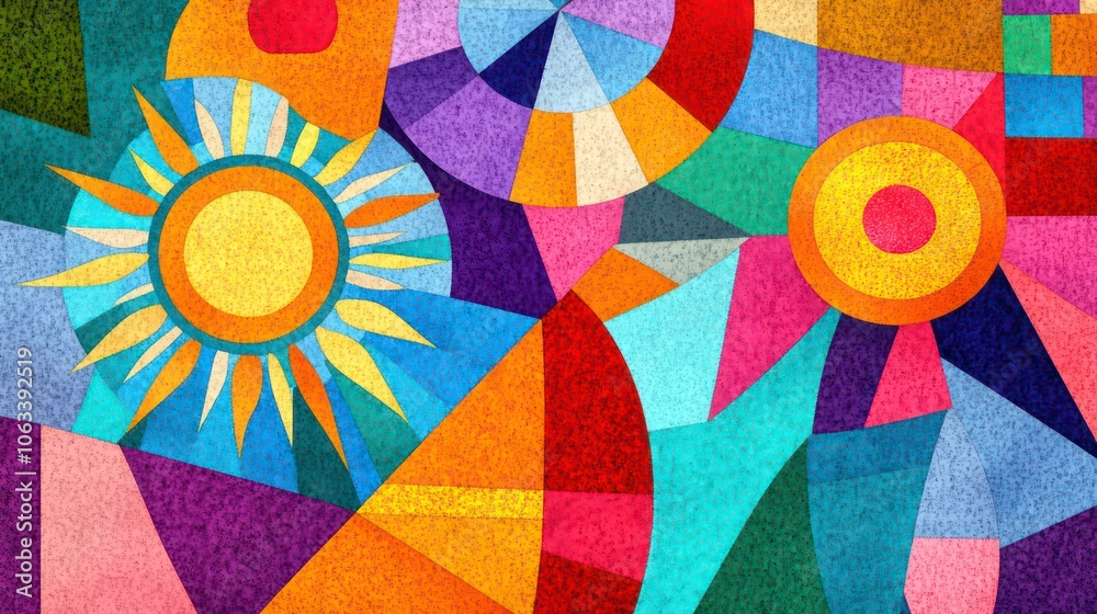 Poster a vibrant abstract composition featuring sun motifs and geometric shapes in various colors.