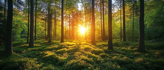Fototapeta premium A serene sunset in a beautiful green forest, featuring a rich tapestry of colors as the sun sets behind the trees, creating a harmonious blend of light and shadow