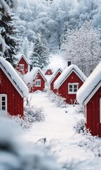 Naklejka premium close up of red wooden houses in a snowy winter village. ai generated