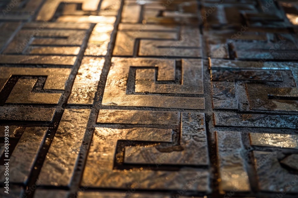 Poster close up of a metal floor with a light shining on it, suitable for use in industrial or technologica