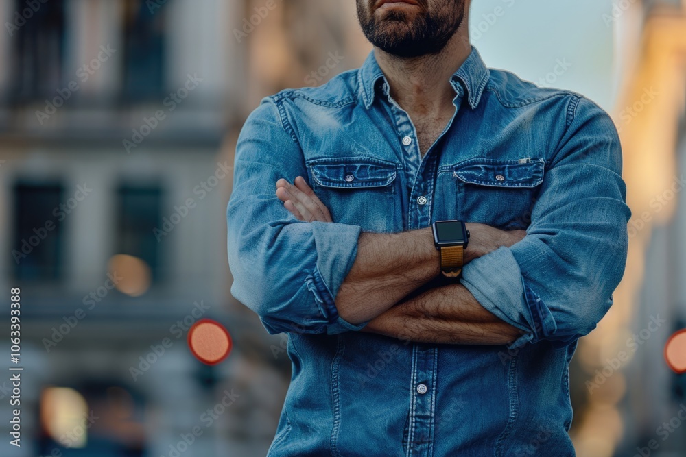 Poster A person standing with arms crossed outside a building, suitable for use in architectural or cityscape contexts