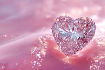 Fototapeta premium A heart-shaped diamond sits on top of a pink cloth, perfect for romantic occasions or as a symbol of love and affection