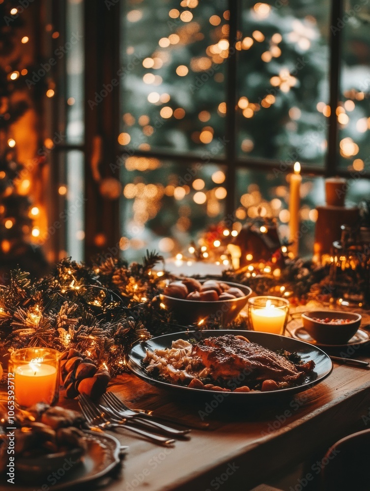 Poster a beautifully arranged christmas table showcases festive dishes illuminated by flickering candles an