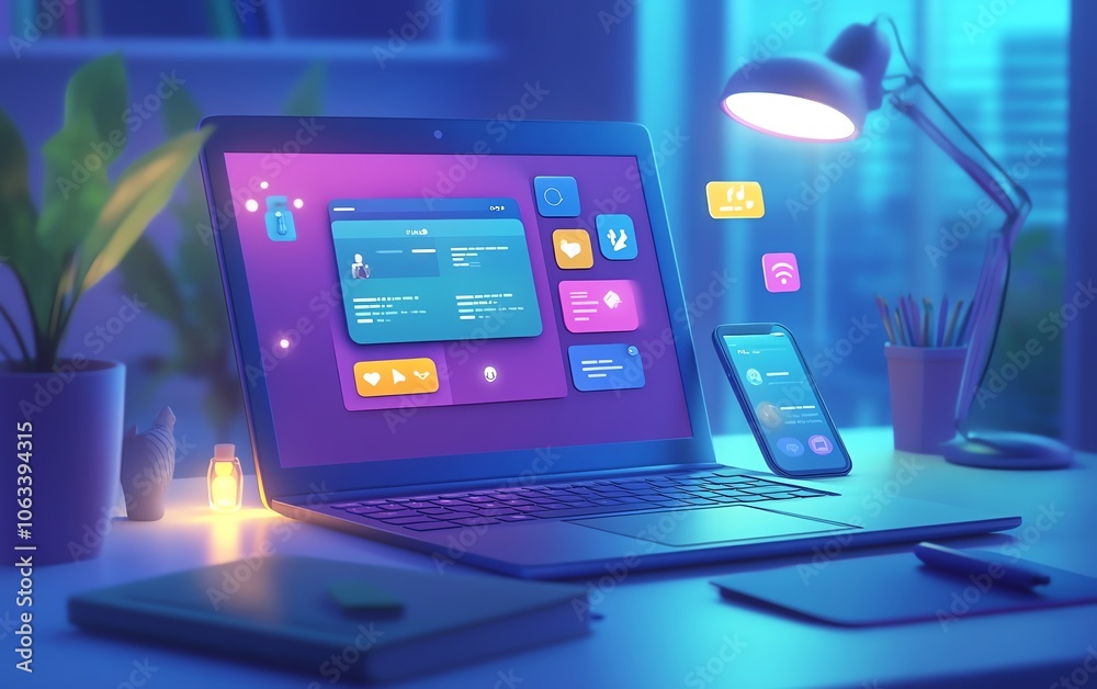 Poster a visually striking image of a laptop and smartphone on a desk, both showing active social networkin