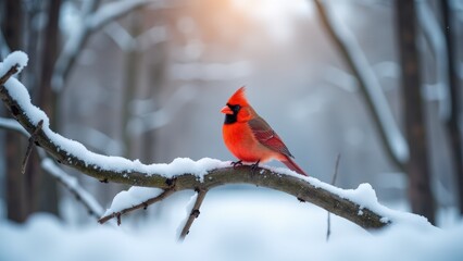 A cozy winter cardinal scene, the red bird on a snowy branch surrounded by calm landscape
