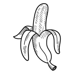 Hand drawn doodle half peeled banana on white background.