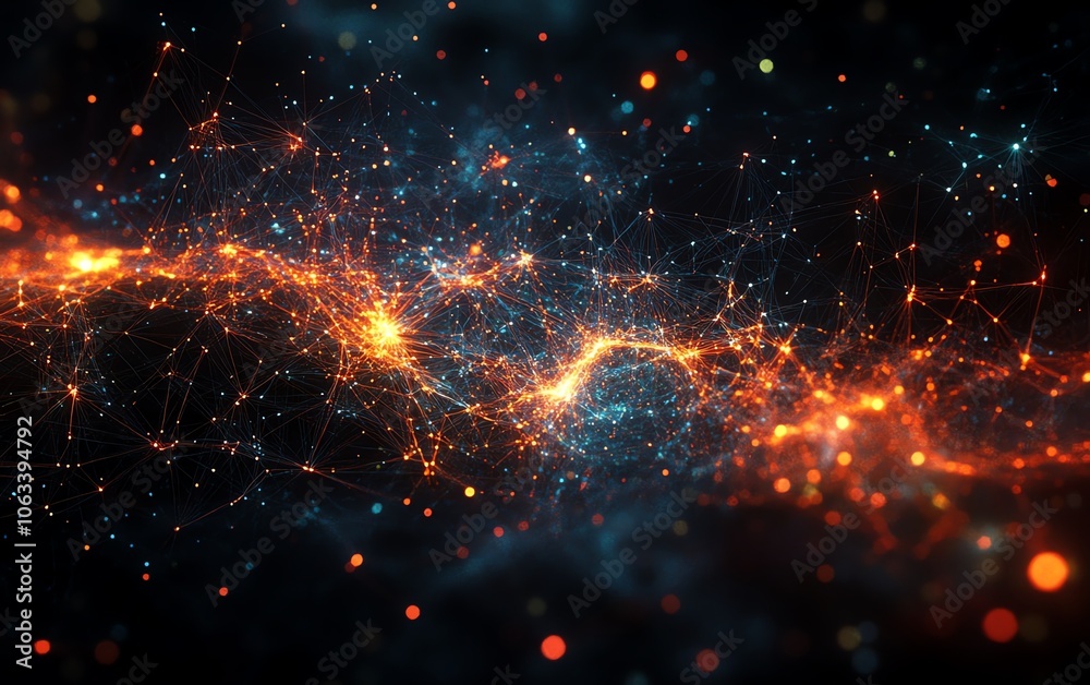 Poster an abstract visualization of social networking technologies, showing interconnected digital nodes, v