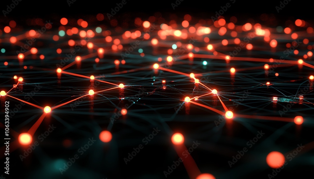 Poster an advanced concept of social networking technologies, showing glowing, interconnected data nodes an