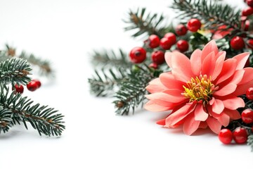 A bright red flower sits atop a decorated Christmas tree, adding a pop of color to the festive scene