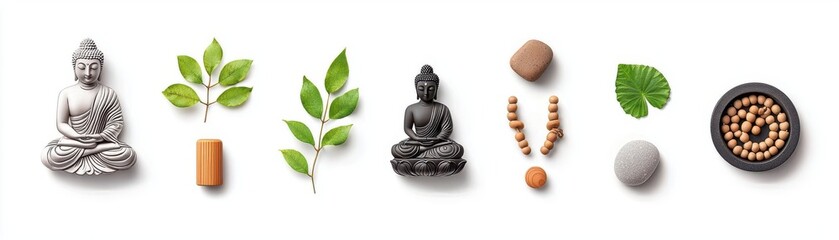 A serene collection of Buddha statues, natural elements, and meditation objects for a peaceful, spiritual vibe.