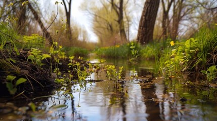 A serene and peaceful scene of a stream flowing through a lush green forest