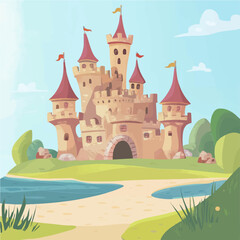 Cute fairytale castle with red turrets and flags, surrounded by a lush green landscape and a small lake. Simple, storybook style with a charming and magical atmosphere, perfect for children&rsquo;s themes