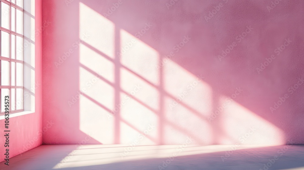Poster a serene pink room with sunlight casting shadows through a large window.