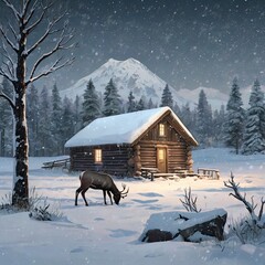  serene snowy winter landscape, with a quaint little cabin nestled in the distance, and a majestic reindeer standing in the foreground, its antlers silhouetted against the softly falling snow.