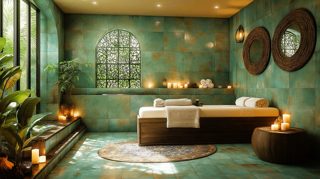 A serene spa room, featuring a soothing teal color palette and natural elements.