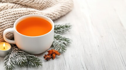 Cozy drink with orange tea in white mug, surrounded by winter elements and soft knitted blanket.