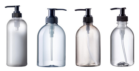 A variety of empty pump bottles on a white isolated background.