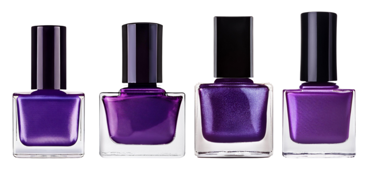 Set of purple nail polish bottles on white background, showcasing different shades and finishes.