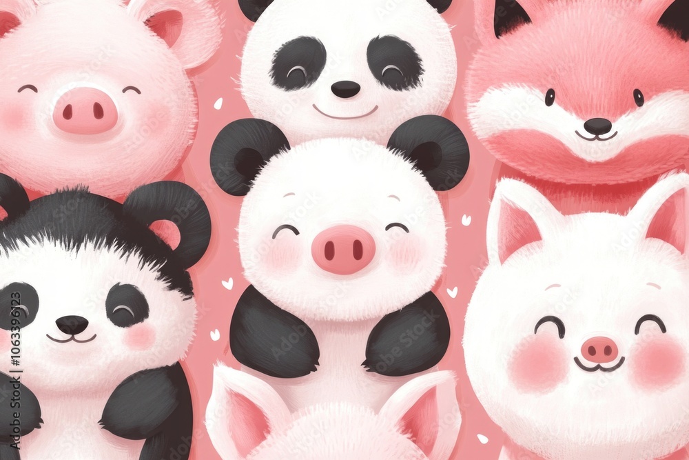 Poster Group of pandas and other animals on a bright pink background
