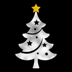 星を飾ったクリスマスツリーのシルバーとゴールドの切り絵風イラスト　黒背景の切り抜き