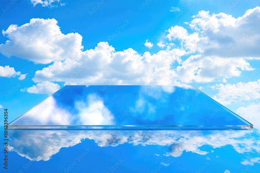 Poster a still image of a mirror reflecting the cloudy sky with puffy white clouds