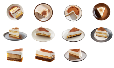 Assorted cakes displayed on plates, featuring diverse flavors and textures, isolated on white background.