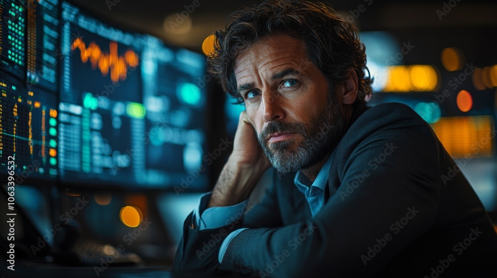 Aufkleber An analyst sits in a darkened trading office, deep in thought as they analyze financial data on multiple screens late at night, emphasizing the intensity of their work.
