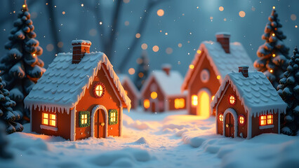 A village of decorated gingerbread houses covered in snow drifts with falling snow and glowing golden lights on a blurred blue background