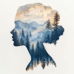 Nature's Reflection: Double Exposure Abstract Portrait of Young Woman in Autumn Eco Style for Mental Health Awareness - Watercolor Illustration