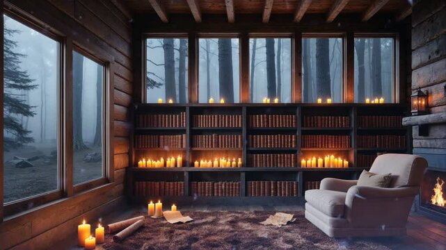 Cozy cabin interior with a large bookcase, an armchair, a fireplace, and a window with a view of a foggy forest.
