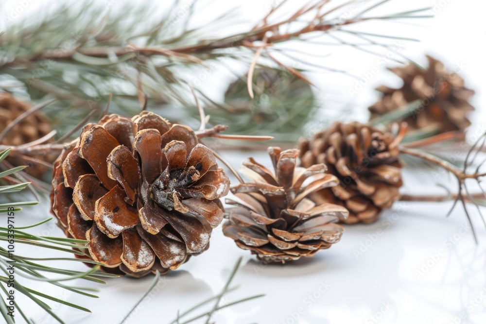 Poster a group of pine cones sitting on top of a pine tree