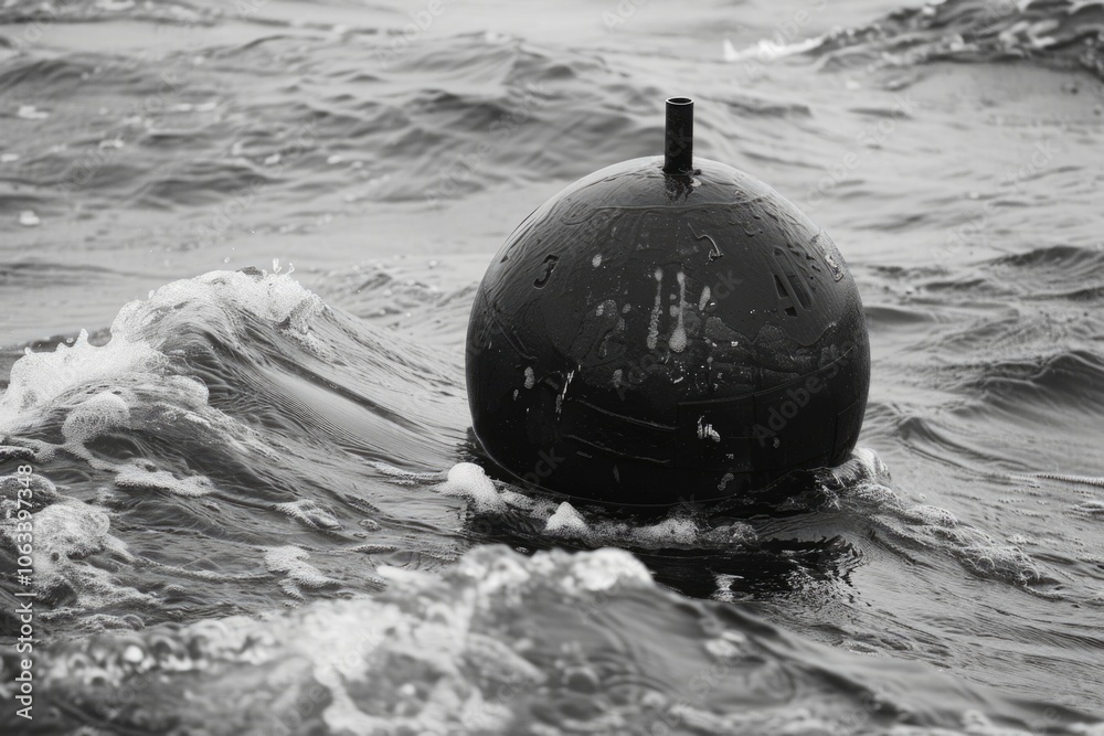 Poster a black and white photo of a buoy floating on calm water, great for use as a symbol or icon