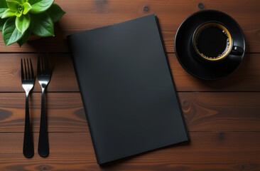 cup of coffee and black menu on wooden table in restaurant or coffee shop