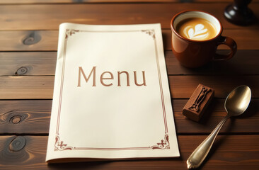 cup of coffee and menu on wooden table in restaurant or coffee shop