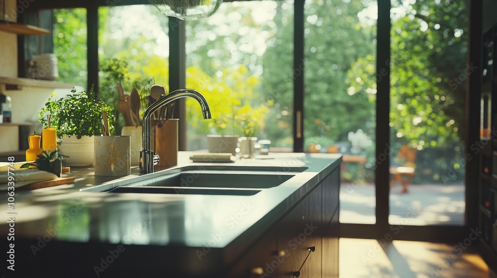 Poster a kitchen with a sink and window view
