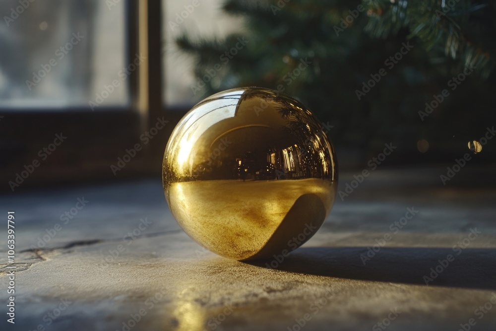 Poster a shiny golden ball sits atop a table, ready for use or display