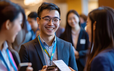 A lively conversation between three suited professionals at a trade fair, their staff lanyards visible, reflecting the collaborative and laid-back nature of corporate networking events.
