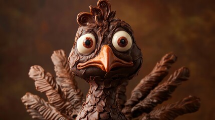 Fototapeta premium Whimsical chocolate turkey bird sculpture with expressive eyes and detailed feathers on a brown background, Halloween creative card concept