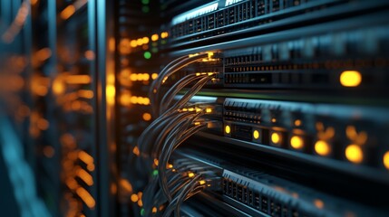 Close up of server rack with network cables and blinking lights in a data center.