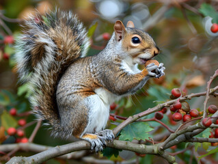 Squirrel holding a nut, perched on a tree branch with lush green leaves in background.