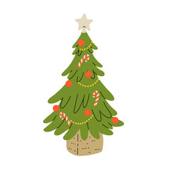 Adobe Illustrator ArtworChristmas decorations set. Winter holiday elements, stuff bundle. Xmas ornaments, decor, festive christmas tree, and toys. Flat vector illustrations isolated on white backgrouk