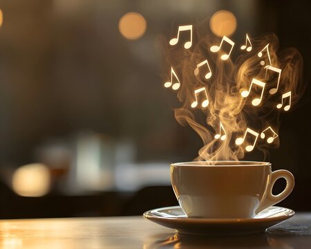 Steaming Coffee Cup With Rising Music Notes Symbolizing Warm Morning Ritual and Comfort of Music