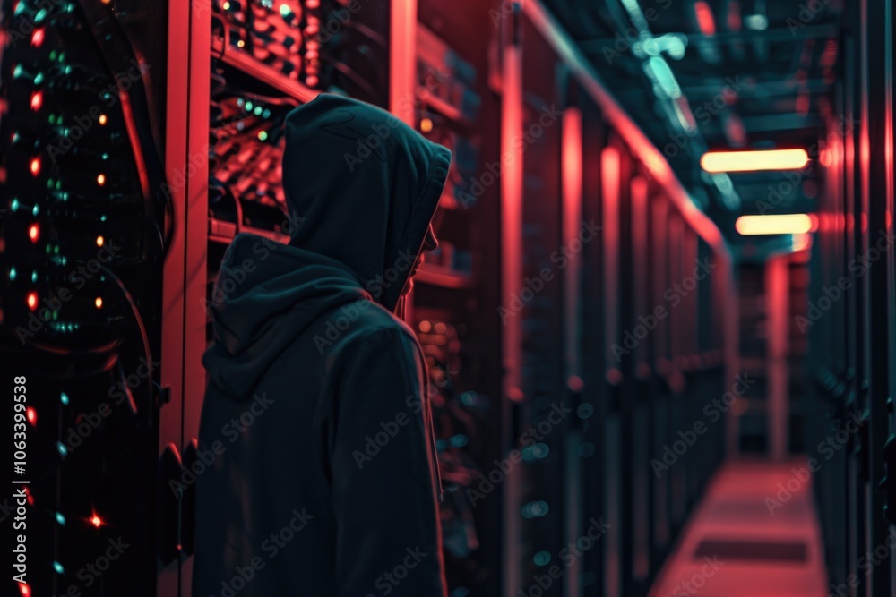 Poster a person wearing a hoodie stands in a modern server room with rows of computer equipment and storage
